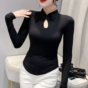 秋装2024新款立领盘扣T恤女长袖不规则下摆上衣内搭收腰打底衫潮