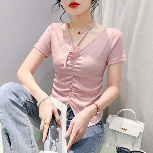 法式高级感烫钻v领短袖t恤女夏季修身显瘦短款独特褶皱开叉上衣潮