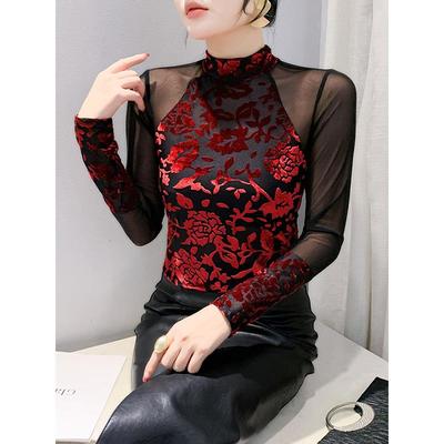 半高领网纱打底衫女秋款长袖性感内搭薄沙t恤薄款微透蕾丝衫上衣