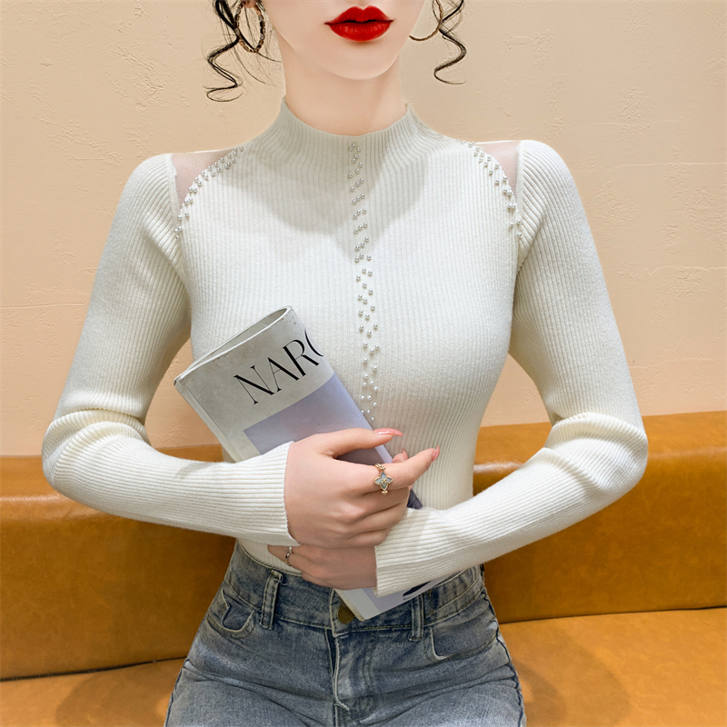 半高领长袖微透钉珠针织衫女秋冬新款韩版修身打底衫毛衣内搭上衣