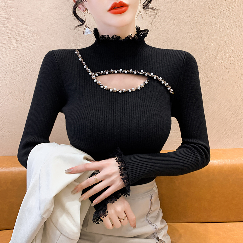 重工钉珠镂空蕾丝拼接半高领针织衫女秋冬内搭显瘦毛衣打底衫上衣
