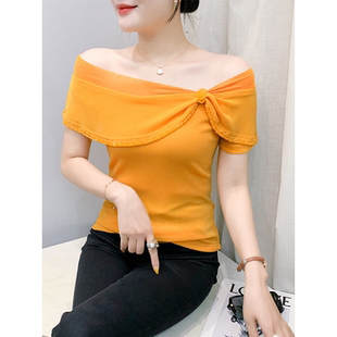 性感露肩锁骨上衣女夏装气质一字领荷叶边短袖T恤紧身网纱小衫潮