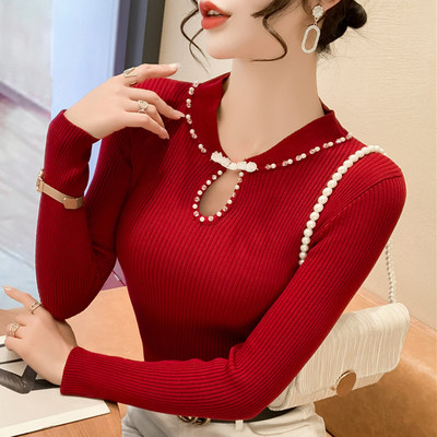 红色毛衣女2024新款早秋装时尚洋气时髦针织衫钉珠长袖上衣打底衫