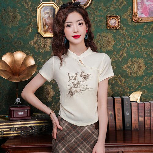短袖t恤女2024新款爆款夏季修身新中式国风设计感小众短款上衣女