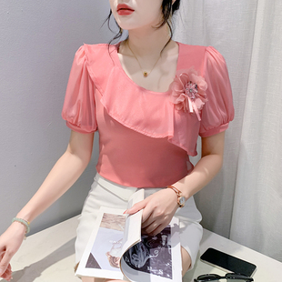 T恤修身 性感斜领立体花朵上衣女夏装 荷叶边短袖 时尚 体恤潮 泡泡袖