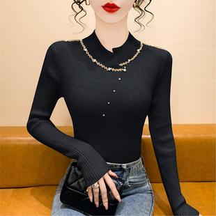 显瘦上衣 修身 半高领针织打底衫 女秋冬欧货设计感钉钻毛衣内搭长袖