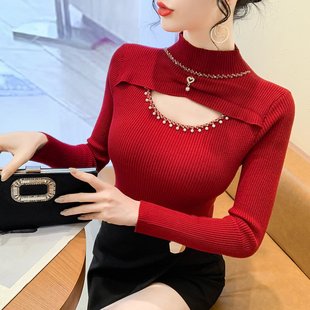 修身 长袖 显瘦内搭上衣 女秋冬性感镂空钉钻针织衫 半高领毛衣打底衫
