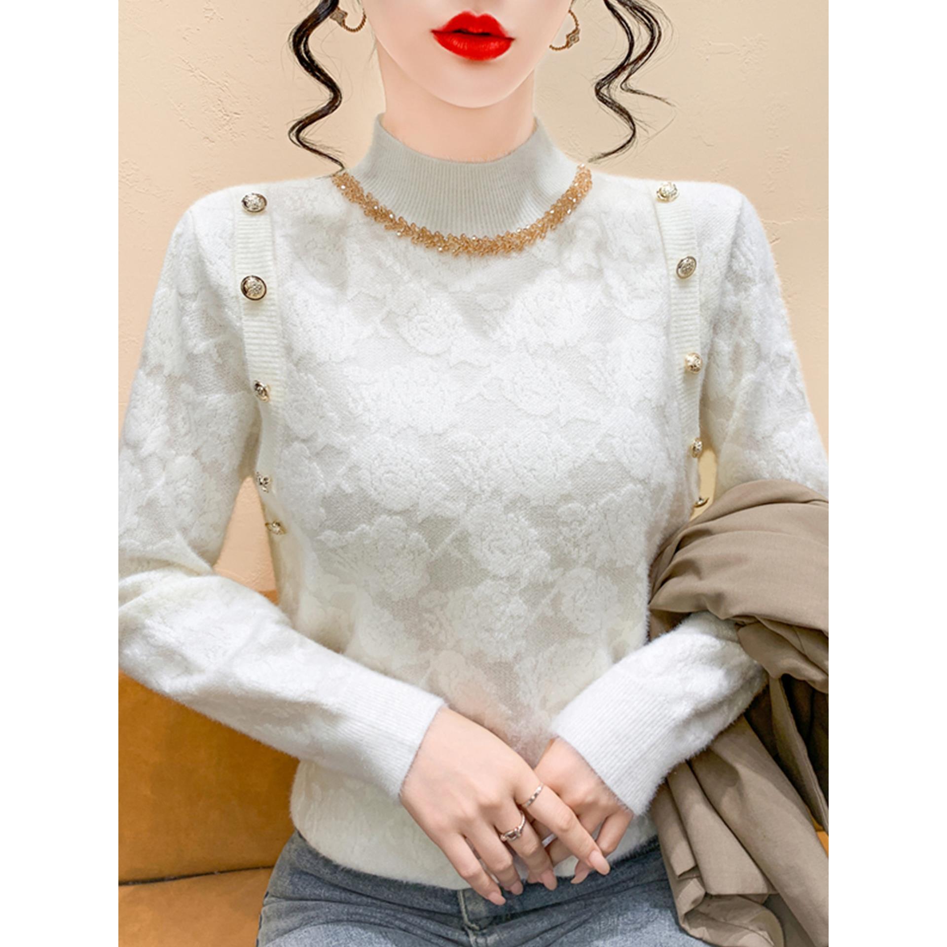 法式钉钻半高领长袖提花针织衫女秋冬新款高级感内搭打底毛衣上衣