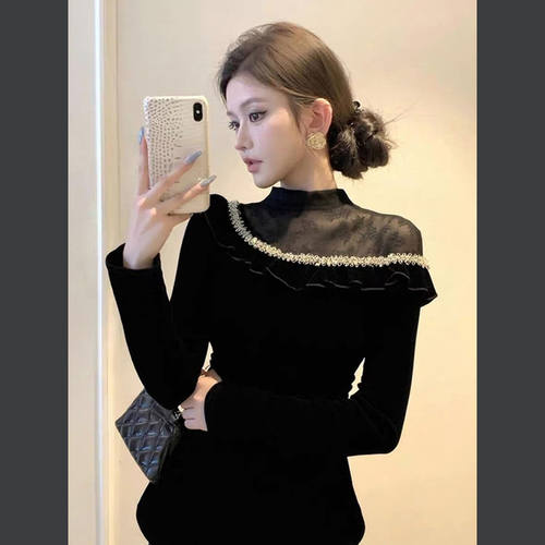 法式时髦洋气网纱拼接丝绒衬衫女秋冬2025新款纯欲风显瘦内搭上衣