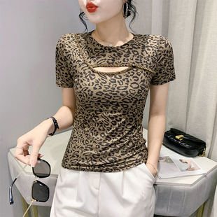 小衫 性感镂空豹纹T恤女短袖 显瘦半袖 夏装 欧货设计感钉珠上衣修身