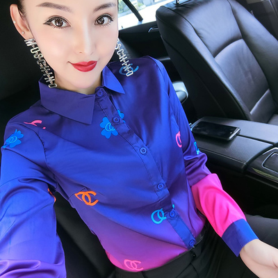 长袖衬衫女秋冬2019时尚印花打底