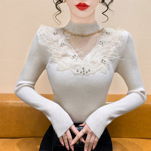 修身 2025新款 内搭上衣毛衣 女秋冬季 钉钻蕾丝镂空半高领针织打底衫