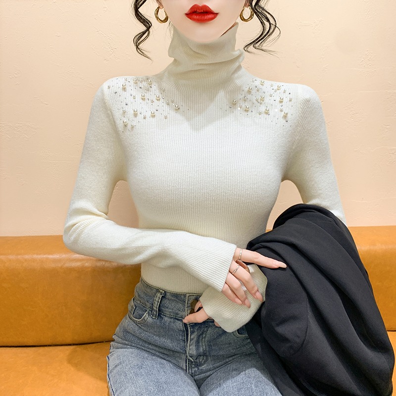 重工钉珠高领针织打底衫女高级感秋冬洋气堆堆领内搭毛衣长袖上衣
