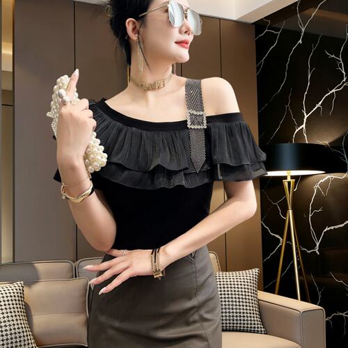 2026新款修身显瘦洋气上衣时尚百搭荷叶边拼接斜肩镶钻女t恤小衫