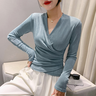 t恤小衫 洋气褶皱内搭上衣紧身显瘦长袖 潮 女春秋新款 气质V领打底衫