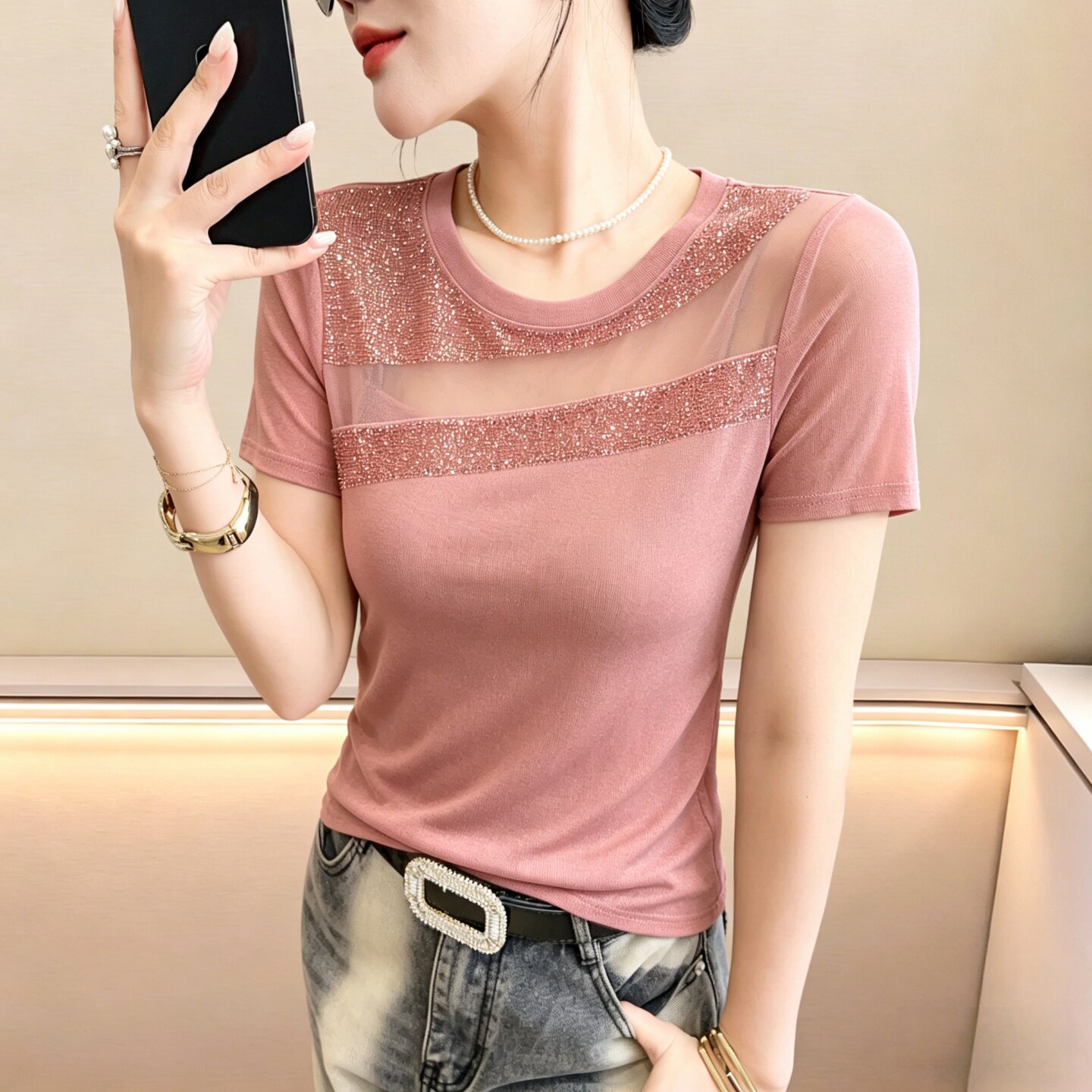 时尚透视网纱短袖T恤女夏装独特漂亮巨好看上衣气质显瘦烫钻小衫