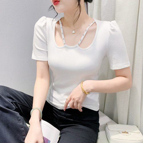 设计感小众上衣女春夏欧货洋气钉珠镂空短袖t恤修身百搭白色体恤