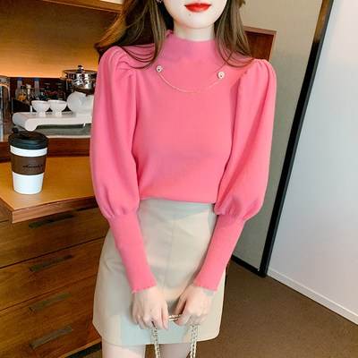 半高领灯笼袖毛衣女打底衫时髦时尚洋气2024新款秋冬高级感针织衫