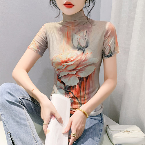 高领打底衫女2024秋装新款时尚减龄印花短袖T恤修身百搭网纱上衣