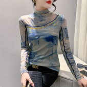 洋气修身 女长袖 扎染印花上衣内搭T恤潮 半高领网纱打底衫 欧货秋装