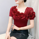 性感网纱拼接斜领短袖 别致木耳花边上衣女夏装 新款 T恤气质体恤潮