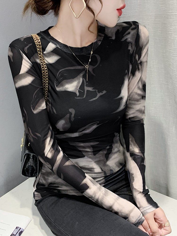 欧货网纱打底衫女2024春装新款个性印花长袖T恤内搭上衣洋气小衫,女装/女士精品,T恤,淘宝优惠券,粉丝福利购,淘宝优惠卷