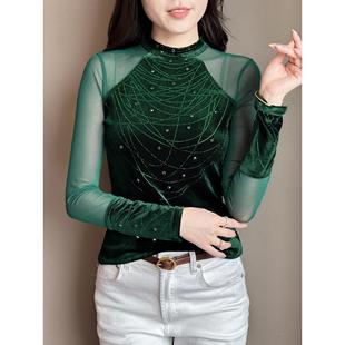 设计感烫钻金丝绒上衣女秋冬半高领打底衫 t恤潮 气质网纱拼接长袖