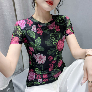 小衫 欧货个性 T恤紧身百搭半袖 印花上衣女夏天薄款 潮 弹力网纱短袖