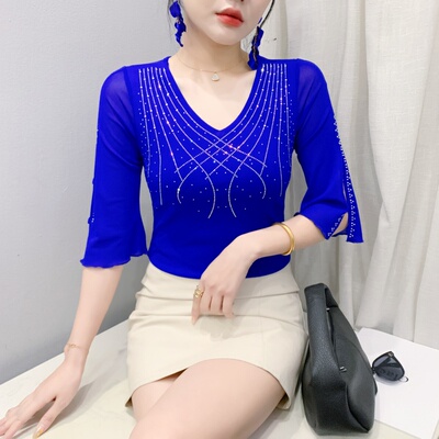 性感V领网纱T恤女七分袖夏装欧货时尚重工烫钻上衣洋气舞蹈小衫潮