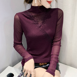 女 T恤小衫 半高领加绒打底衫 女秋冬欧货时髦烫钻上衣性感网纱长袖