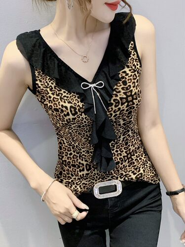 豹纹女内荷叶边性感吊带背心