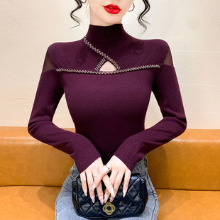 网纱镂空钉珠半高领针织打底衫 显瘦内搭上衣毛衣 女秋冬2025年新款