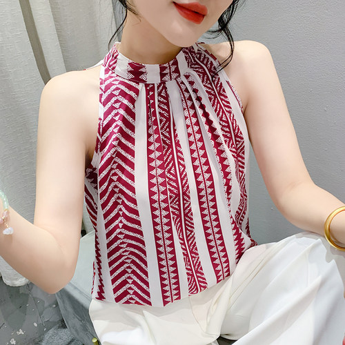 高级感法式挂脖吊带背心女夏季新款宽松休闲洋气显瘦碎花无袖上衣