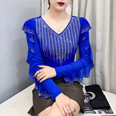 2026新款 性感V领烫钻打底衫 女长袖 春装 洋气荷叶边上衣紧身长袖 t恤