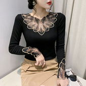 百搭打底衫 网纱拼接长袖 T恤欧货性感镂空烫钻上衣洋气修身 女秋冬