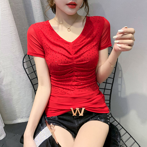 性感网纱v领t恤女短袖时尚显瘦
