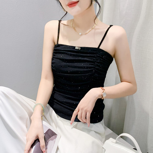 性感亮片小衫女2024夏装欧货设计感褶皱网纱吊带背心修身百搭上衣