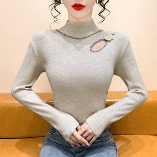 镂空镶钻钉珠半高领针织打底衫 设计感内搭上衣毛衣 女秋冬2025新款