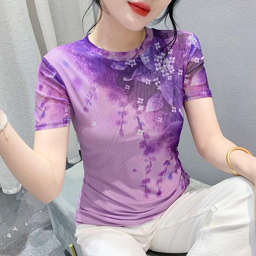 洋气印花网纱短袖t恤女夏季新款修身显瘦上衣欧货遮肚子半袖小衫