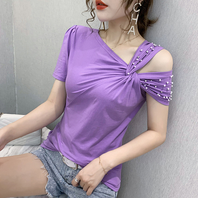 个性不规则网红T恤女ins超火的香芋紫短袖上衣性感露肩小衫女夏潮
