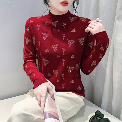 半高领重工烫钻长袖针织衫女秋冬欧货设计感洋气别致上衣打底毛衣