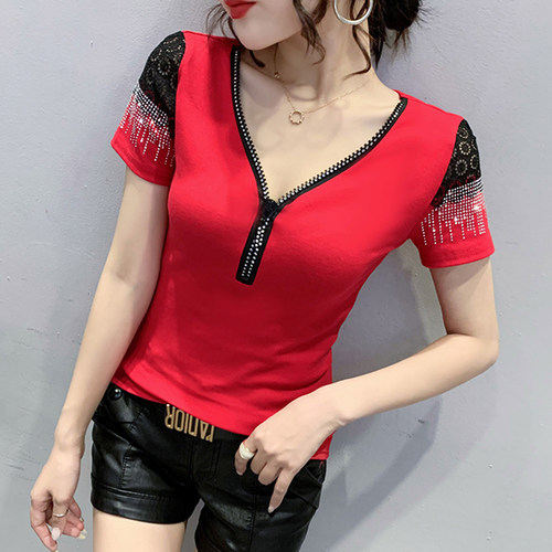 时尚拉链上衣2024夏季新款性感V领蕾丝拼接T恤女短袖烫钻洋气小衫