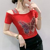 性感一字领女装 心机露肩上衣夏 烫钻T恤气质网纱小衫 2024新款 时尚