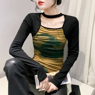 女长袖 性感镂空网纱打底衫 欧货设计感印花上衣t恤潮 新款 2024春装