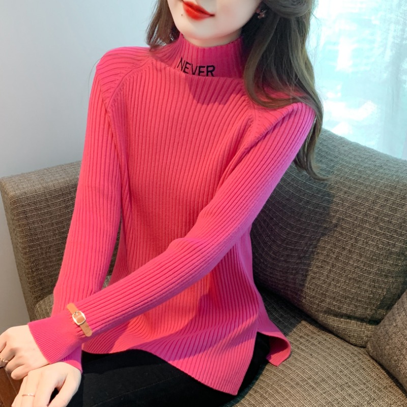 字母刺绣半高领长袖针织打底衫女秋冬宽松中长款内搭毛衣别致上衣