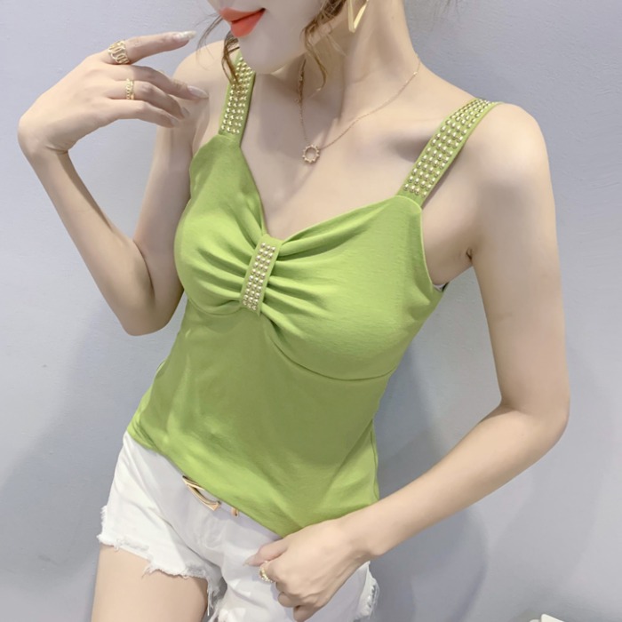 吊带背心女2024新款性感V领收腰小衫夏装时尚钉珠无袖内搭上衣ins