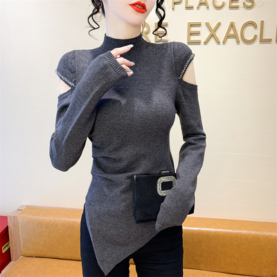 秋冬新款不规则设计感露肩针织打底衫女气质半高领毛衣小衫上衣潮