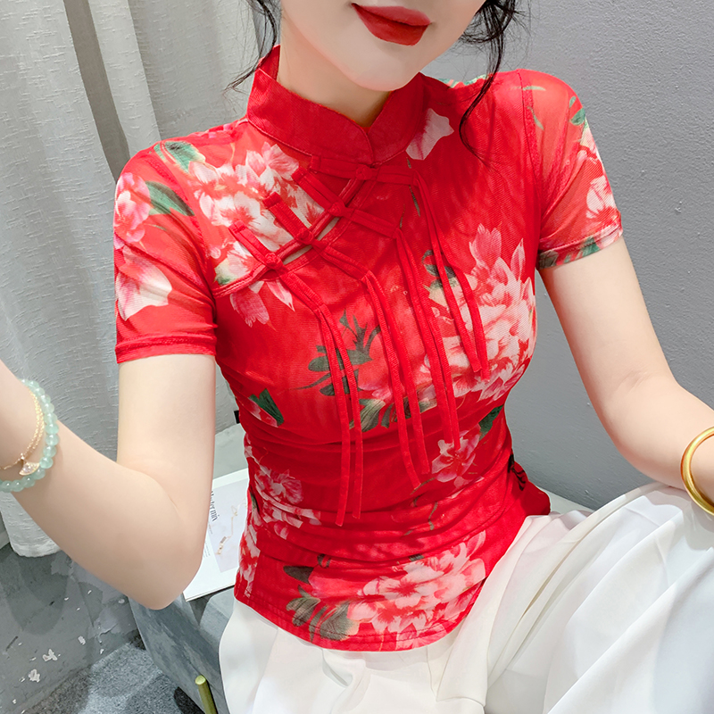 洋气妈妈印花网纱短袖t恤女夏季新中式国风盘扣上衣修身立领小衫