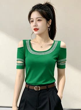 2026年夏季新款女装露肩镶钻分袖气质短衬衫打底衫修身显瘦T恤上