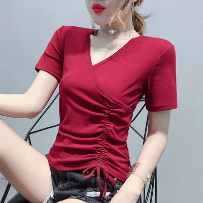 2024夏装新款性感抽绳V领T恤女短袖修身半袖收腰小衫不规则上衣潮